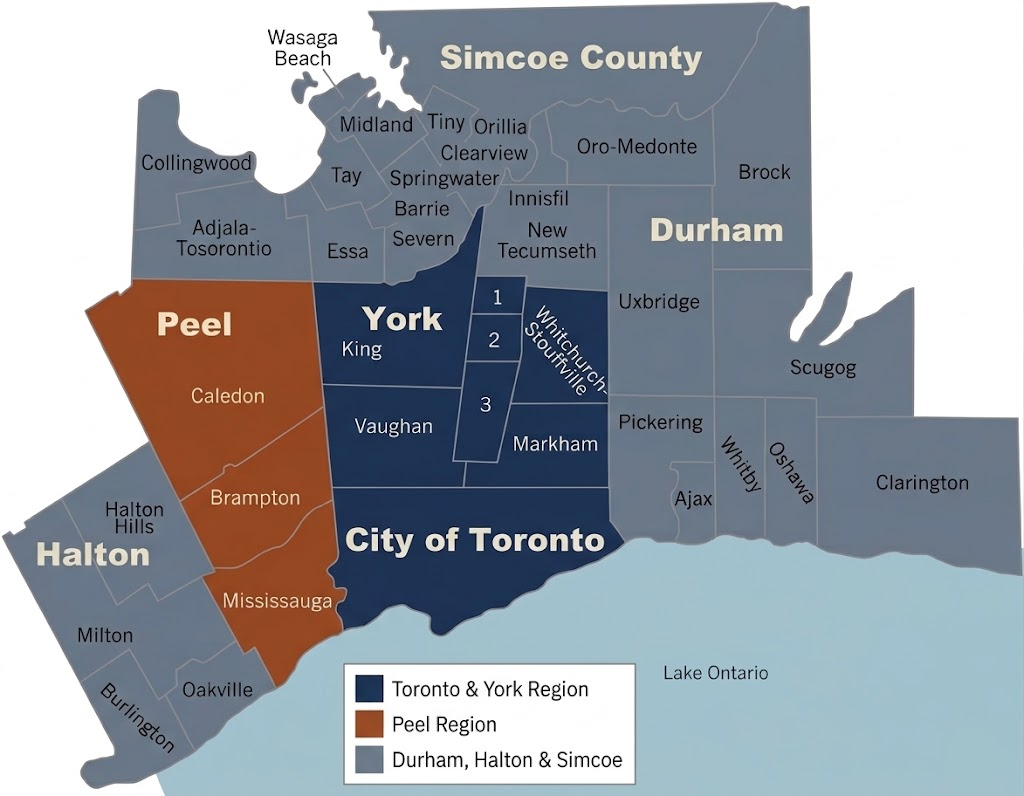 Second Opinion service fee regions map covering Toronto, York, Peel, Durham, Halton and Simcoe